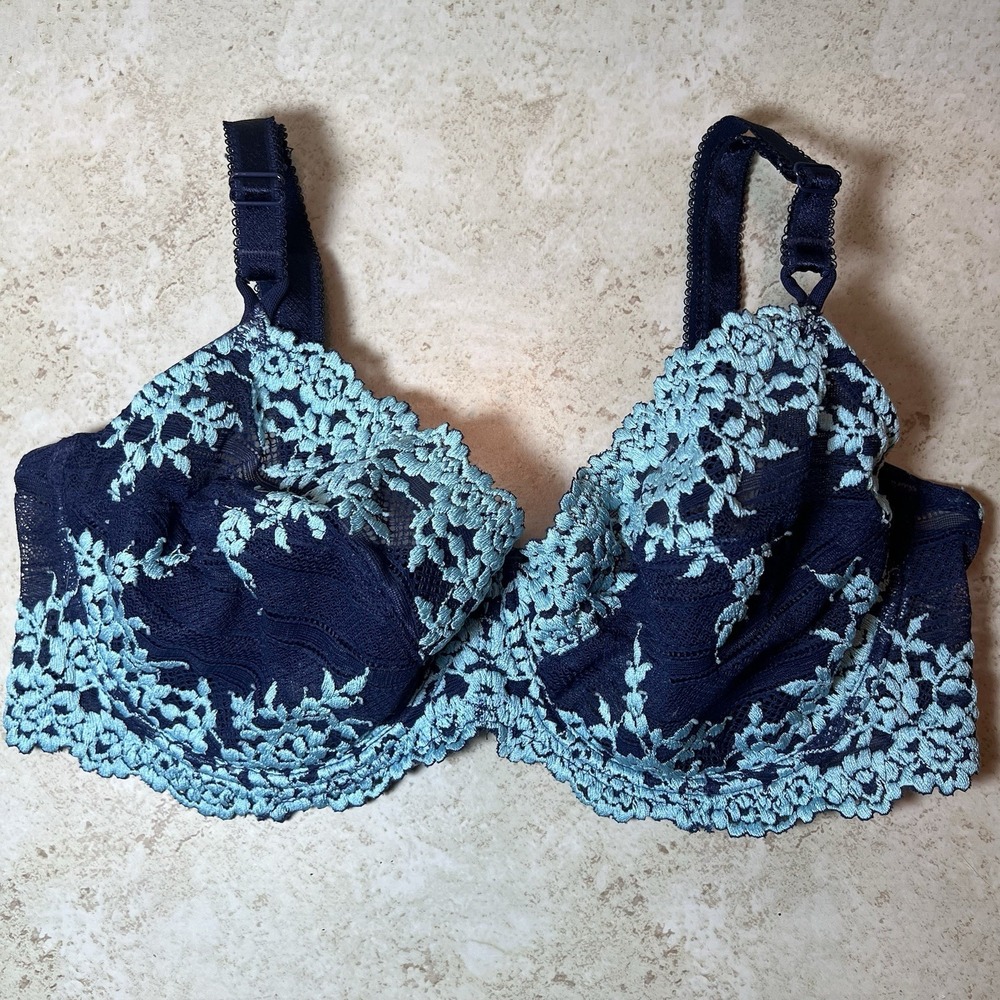 Wacoal 65191 Retro Chic‎ Full Figure Underwire Bra Navy Blue Floral Lace 36D EUC